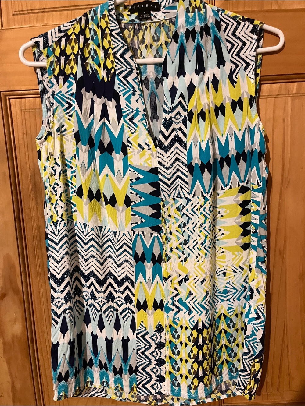 Tribal Teal, Yellow & Black Geometric Sleeveless Top
